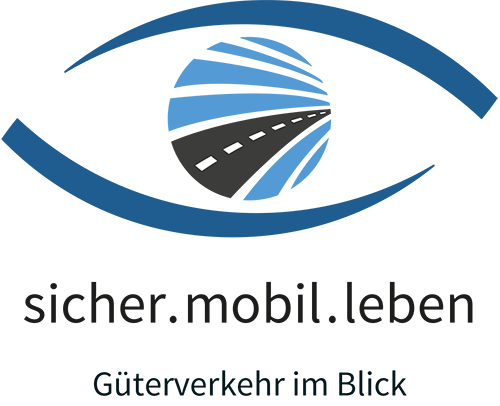 Logo Verkehrssicherheitskampagne mit einem symbolischen Auge und der Aufschrift mobil. sicher. leben. Güterverkehr im Blick